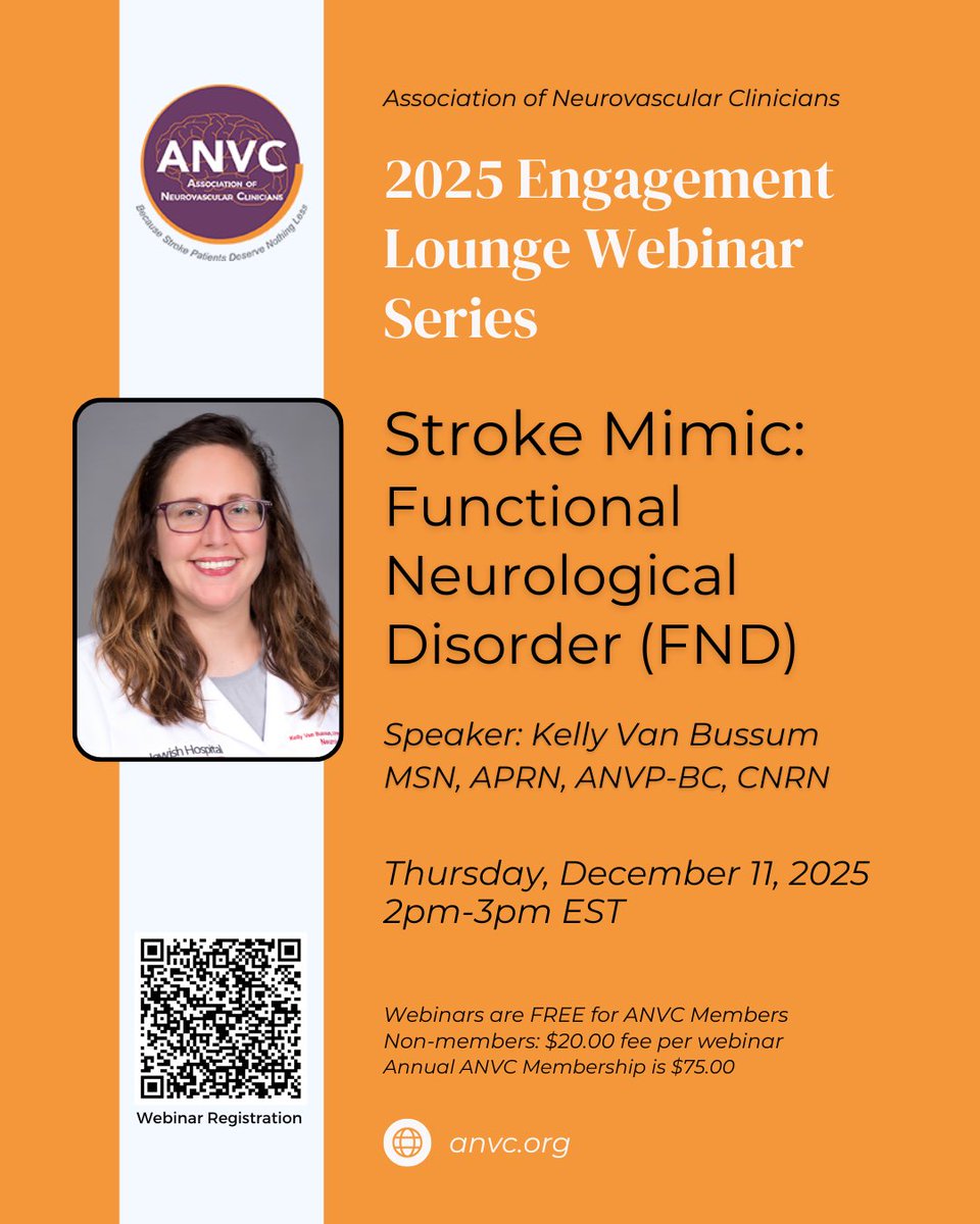 Coming up on our <a href="/ANVC__/">Association of Neurovascular Clinicians</a> Engagement Lounge Webinar Series. Learn about Stroke Mimic: FND with Kelly Van Bussum, and earn stroke CE credit for 2025! 

Register here: anvc.org/i4a/ams/meetin…

#becausestrokepatientsdeservenothingless #ANVC25 #stroke #webinar #education