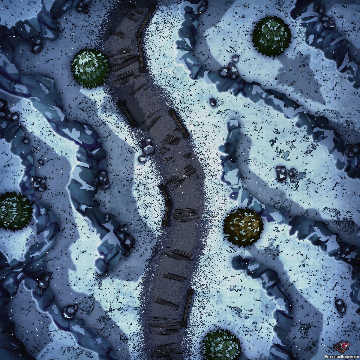 As the weather starts to clear up, the group of adventurers decide to pack their belongings and once more resume their travels in the North.

Snowy Forest Path Vol.4 Battle Map 30x30