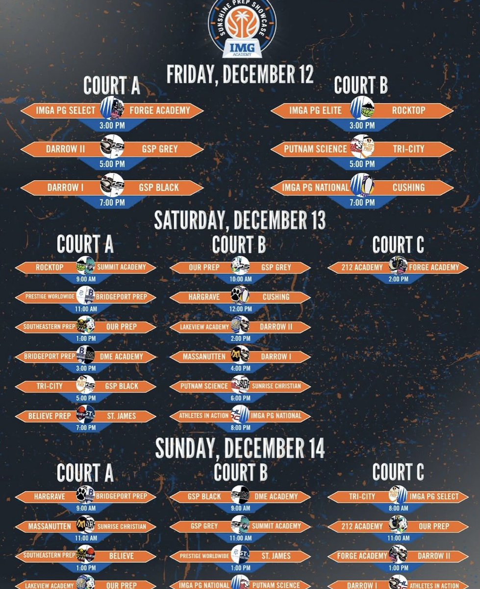 CadenCantrell12's tweet image. Schedule This Weekend at the IMG Academy Sunshine Event!

📍Saturday, December 13 @ 1:00 pm Court A vs OUR Prep (OH)

📍Sunday, December 14 @ 1:00 pm 
Court A vs Believe Prep (NY)
 
@Martz_Madness @Madlegz1 @DavidPeavy20