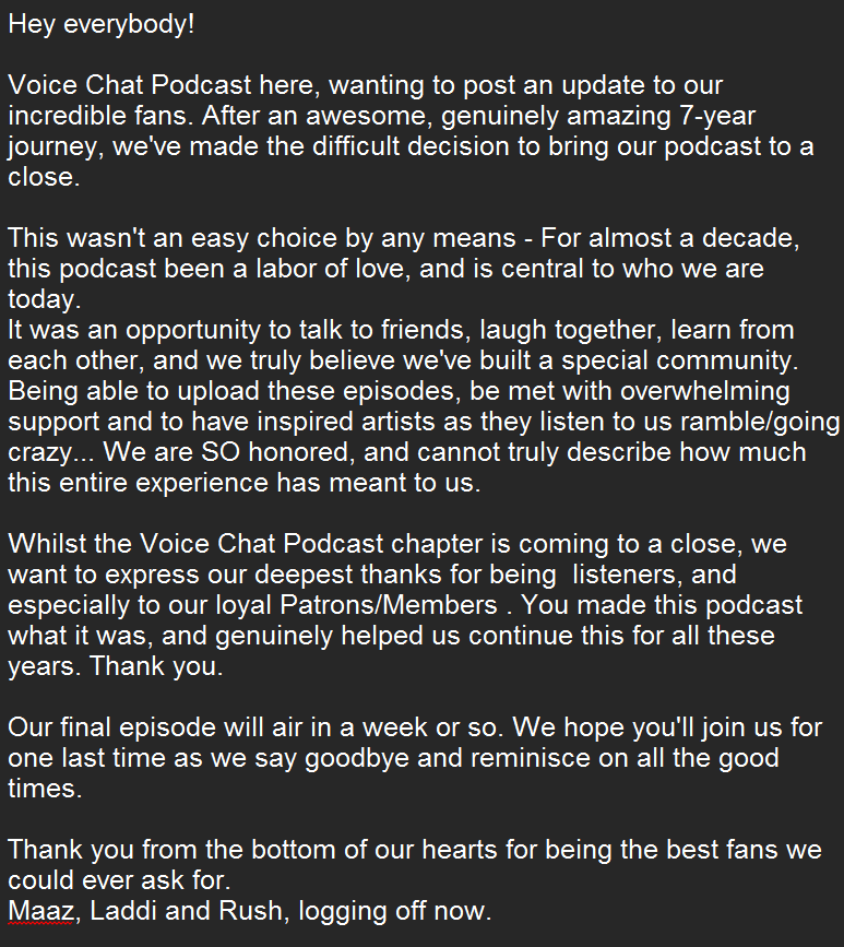 VoiceChatPod's tweet image. Thank you guys for everything, our final episode will air in a week or so. 🩵
