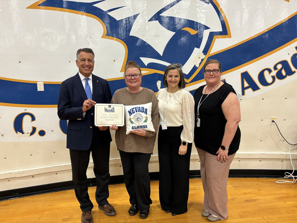 UNevadaGov's tweet photo. Today, @Pres_Sandoval recognized @ClarkCountySch learning strategist at Kenny Guinn M.S., Katie Grill, with the @unevadareno Excellence in Education award. Katie is a 3-time alumna of Nevada with a commitment students &amp; their learning. Congrats, Katie! @CCSDEngage https://t.co/vqcGr5k2qa