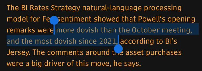 techconcatalina's tweet image. 🔥BOMBAZO🔥

🚀Un modelo de IA que ANALIZA las declaraciones de apertura de Powell indica que su discurso fue MÁS DOVISH (a favor de recortar/estimular) que el de octubre e incluso EL MÁS DOVISH desde 2021

👀"Los comentarios sobre LA COMPRA DE ACTIVOS fueron un gran catalizador"