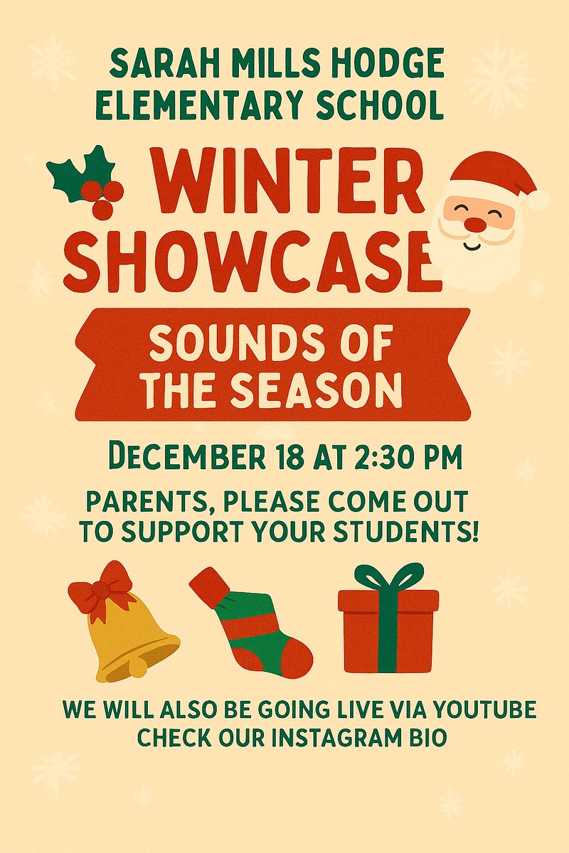 ❄️🎶 Sounds of the Season! 🎶❄️
•
Thursday, December 18th @ 2:30 
📍Hodge Cafeteria 
Parents, come join us—or watch LIVE on YouTube! 👉 Link in our Instagram bio!
•
#WinterShowcase #SoundsOfTheSeason #SarahMillsHodge #HolidayJoy #FamilySupport #ElementaryPride #LiveOnYouTube