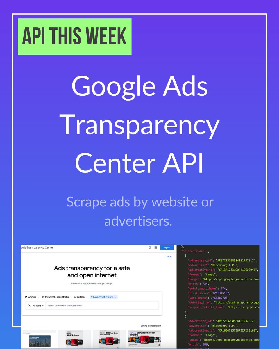 serpapi's tweet image. 📣 SerpApi's featured API this Week!

Introducing the Google Ads Transparency Center API: Easily scrape ads by website or advertisers.

Full documentation:
serpapi.com/google-ads-tra…

New here? You can sign up for a free account here: serpapi.com/users/sign_up

#SerpApi #SearchEngine…