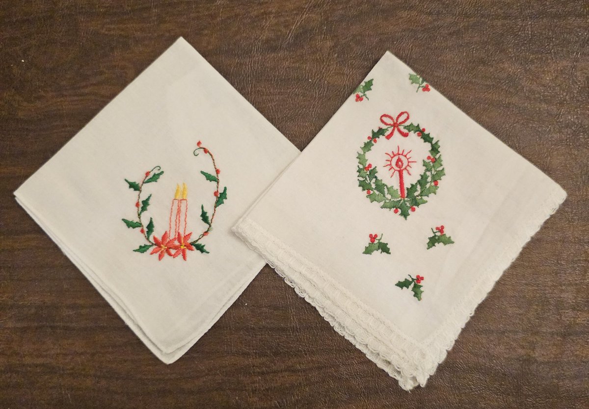 Vintage inspired Set of 2-Christmas Hankies with classic designs pf Wreaths and Candle.  distinctivevintage.com