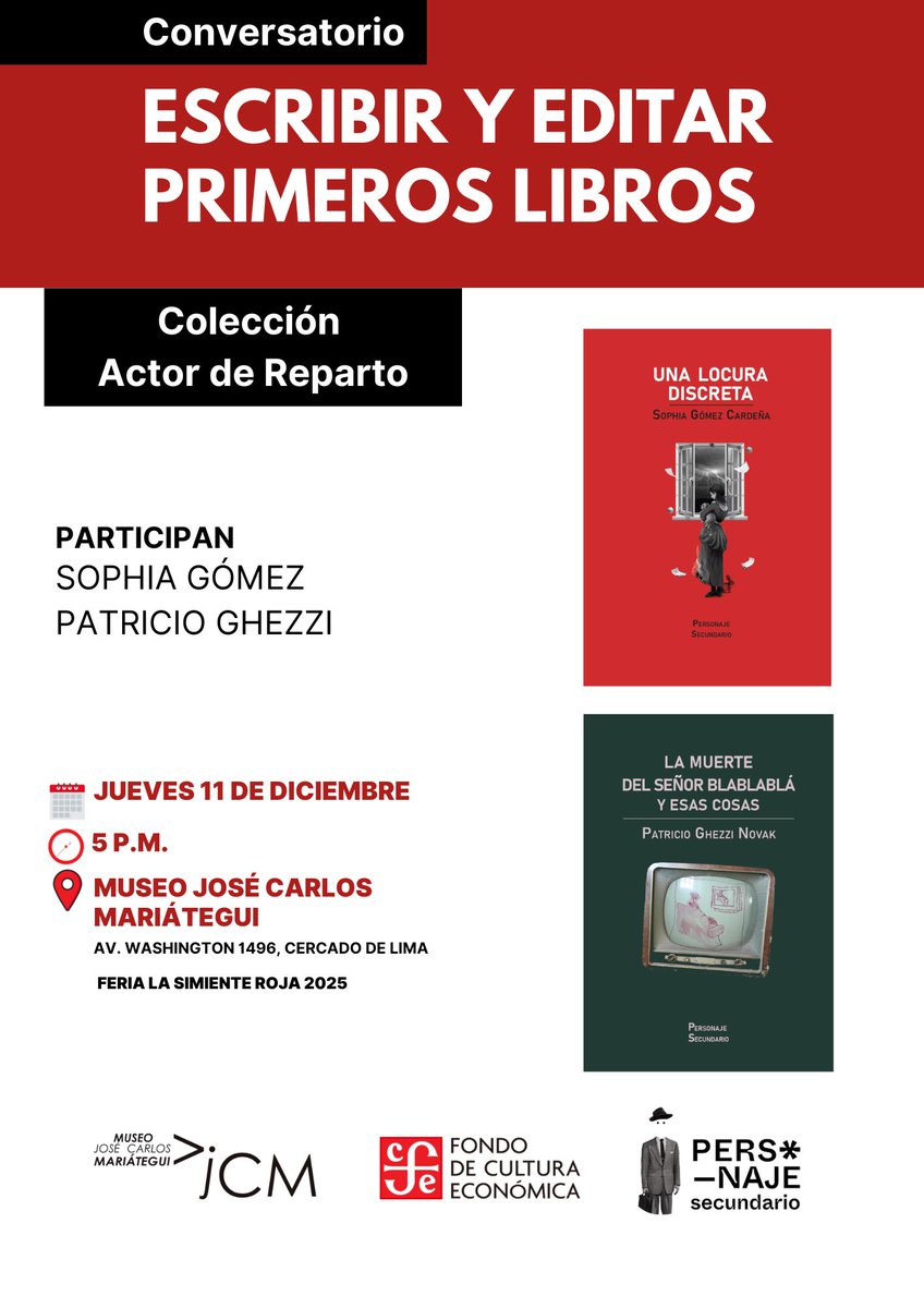epsecundario's tweet photo. Mañana, en La Simiente Roja, conversatorio Escribir y editar primeros libros en la Colección Actor de Reparto de Personaje Secundario. Participan Sophia Gómez Cardeña, autora de Una locura discreta, y Patricio Ghezzi Novak, autor de La muerte del señor Blablablá y esas cosas. https://t.co/wtXFPDUImJ