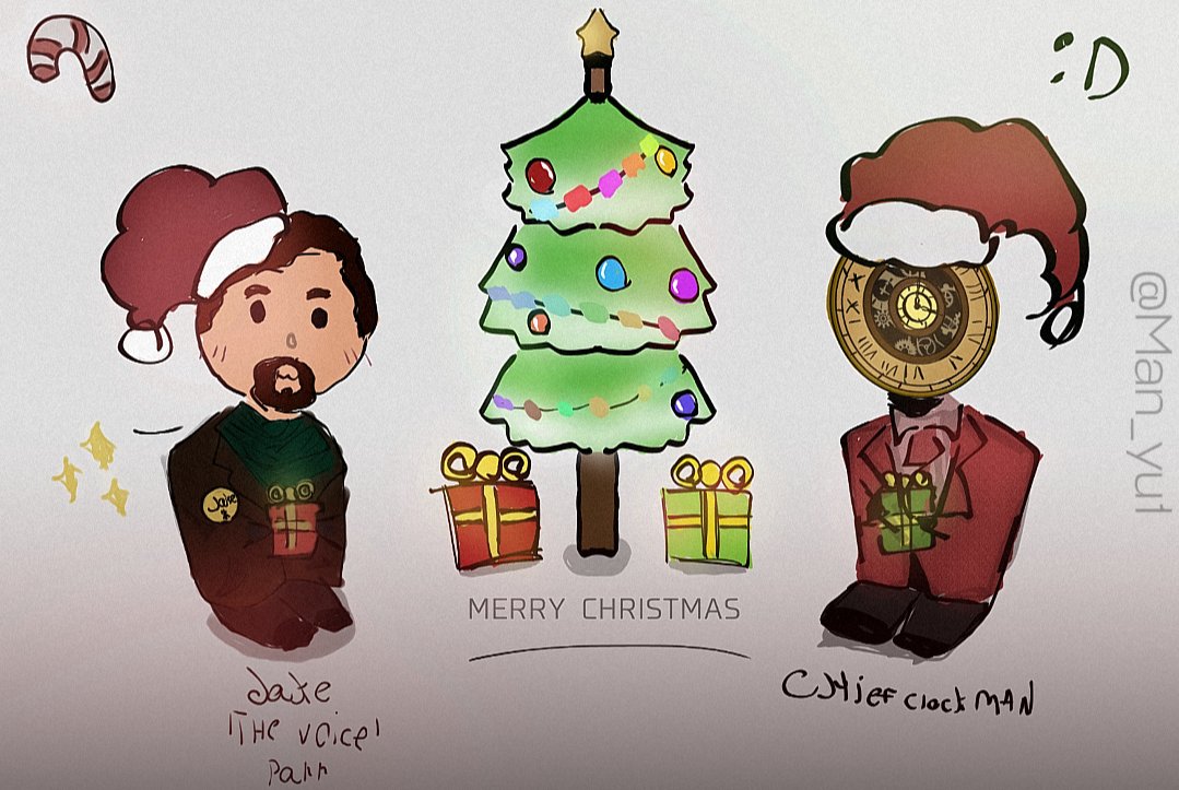Man_yu1's tweet photo. * I drew @JakeTheVoice123 and Chief Clock Man :D! *

*🎄🎁 *

*  #Merrychristmas #art #fypシ゚ #skibiditoiletmultiverse #idk #clockman  * https://t.co/z2rMGiNOex