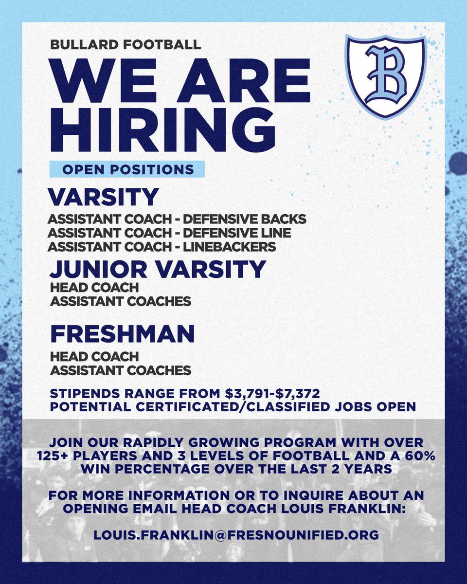 BullardFootball's tweet image. We are looking to add to our staff. We believe in having the highest expectations for our student athletes and holding them accountable on and off the field. If interested please contact @LouisMFranklin for more information