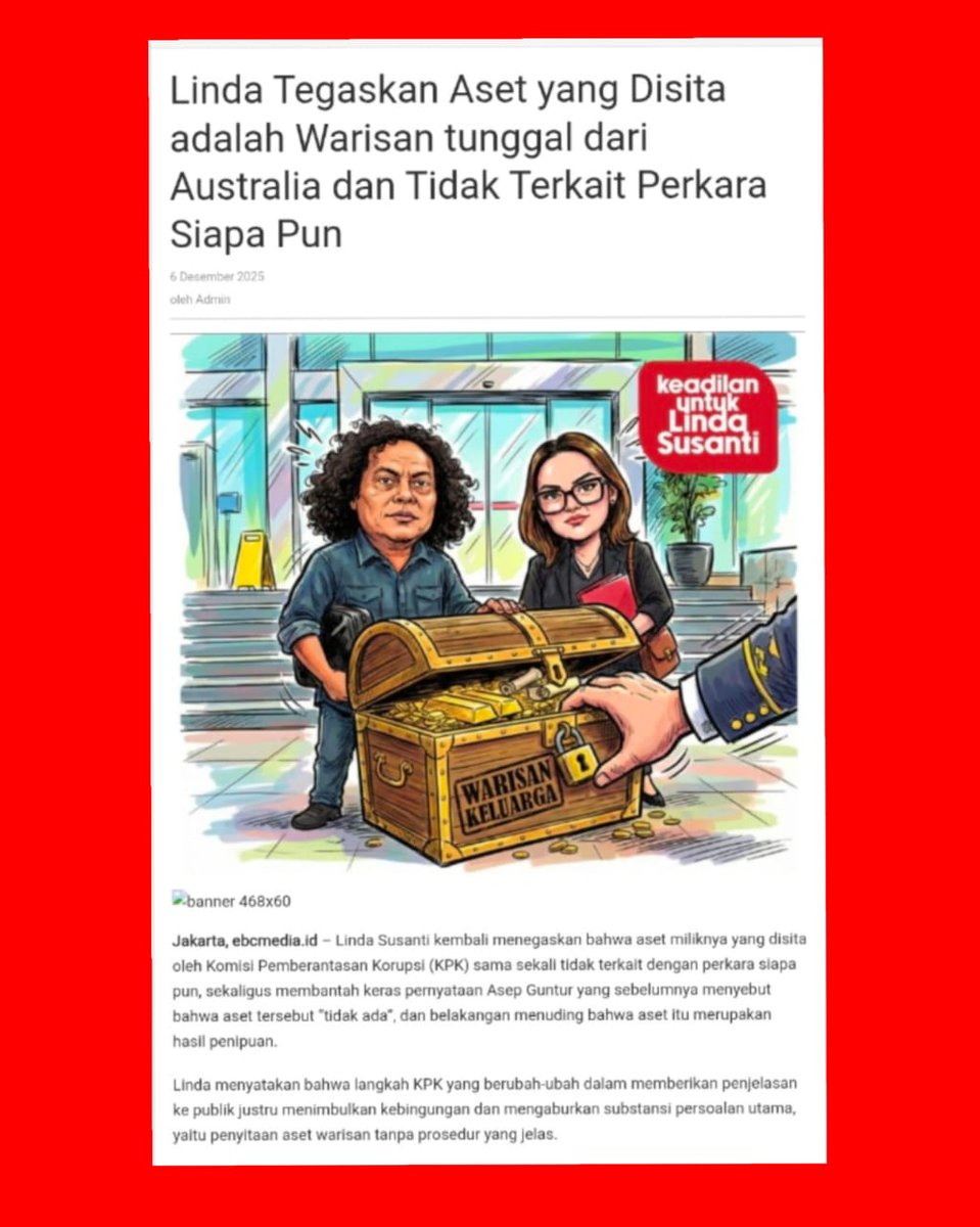Linda Susanti meminta aset 700 M nya yang di sita KPK di kembalikan karena aset yang di sita merupakan warisan tunggal dari Australia dan tidak terkait perkara siapapun.
#DukungHakLinda