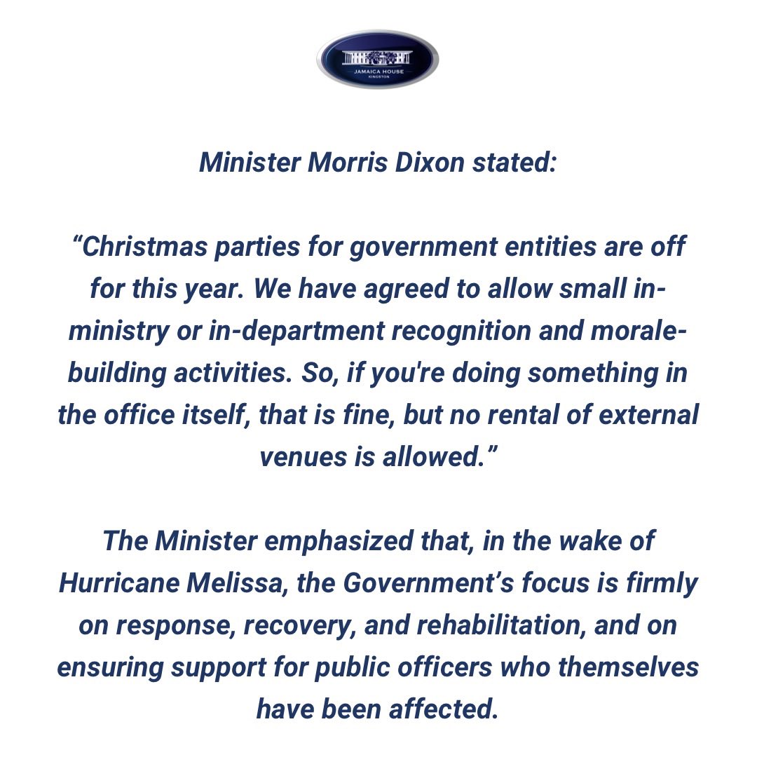 AndrewHolnessJM's tweet image. The Government of Jamaica has announced that all Christmas parties across Ministries, Departments, and Agencies (MDAs) will be cancelled this year as the country continues to recover from the devastating impact of Hurricane Melissa.