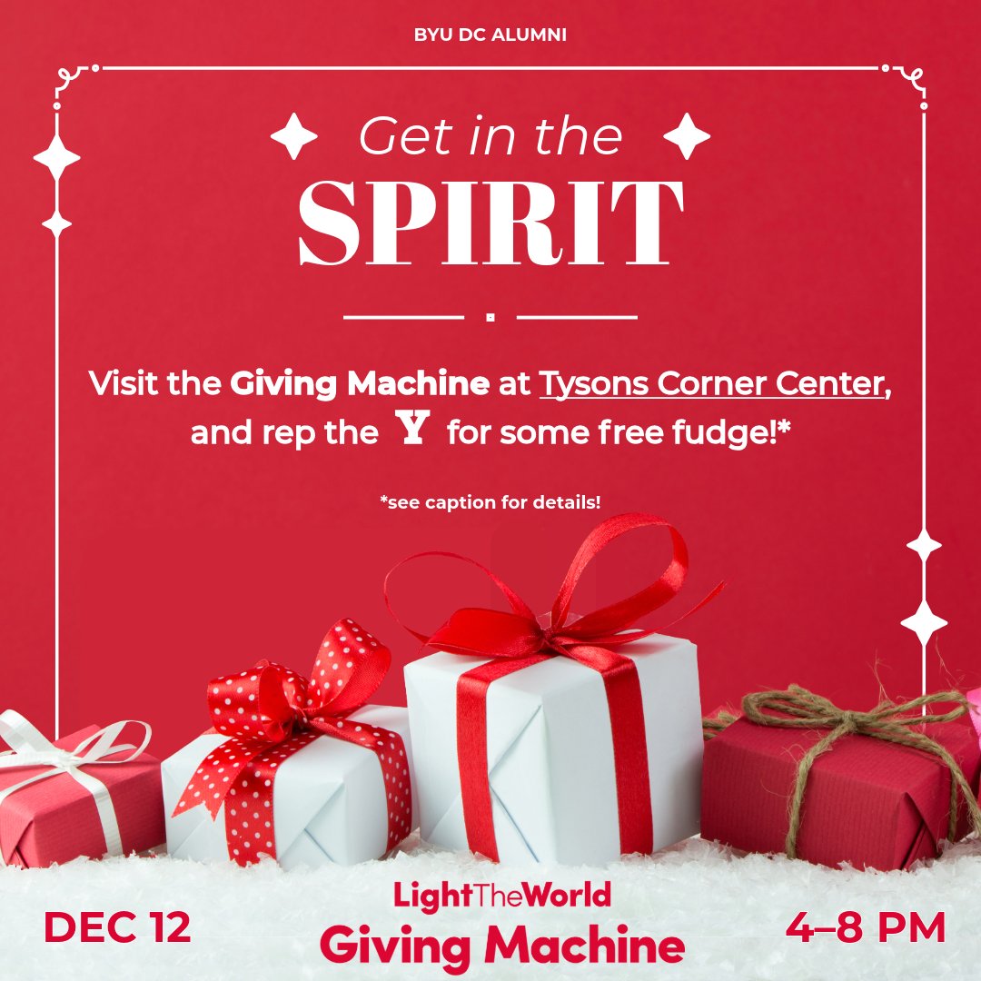 BYUALUMNIDC's tweet photo. Come stop by the Giving Machine at Tysons wearing your BYU gear to receive free fudge (while supplies last)!

Friday, December 12, 4–8 PM—find it outside AMC Tysons Corner 16!

❄️❄️❄️❄️❄️

We have a couple two-hour volunteer shifts to fill! Sign up here: https://t.co/WIIumQ2rM3 https://t.co/lPRUGQ1B0w