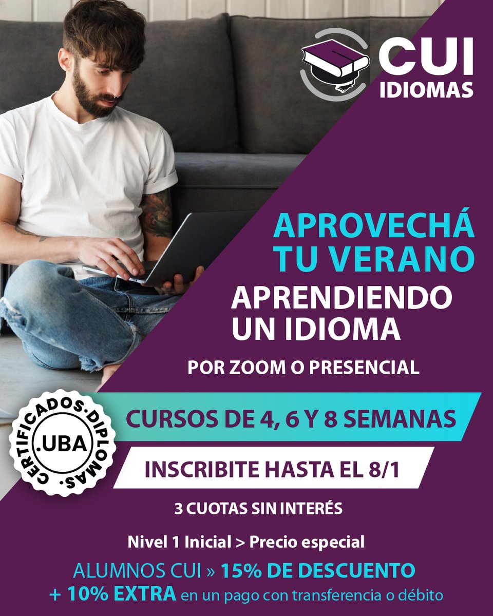 🎓 Aprovechá tu verano aprendiendo un idioma en el CUI

🌍 Inglés, portugués, francés, italiano, alemán, chino, japonés, coreano, ruso, hebreo, español para residentes y árabe. 

Conocé toda la Propuesta de Verano en cui.edu.ar

🎓 Certificados y Diplomas UBA