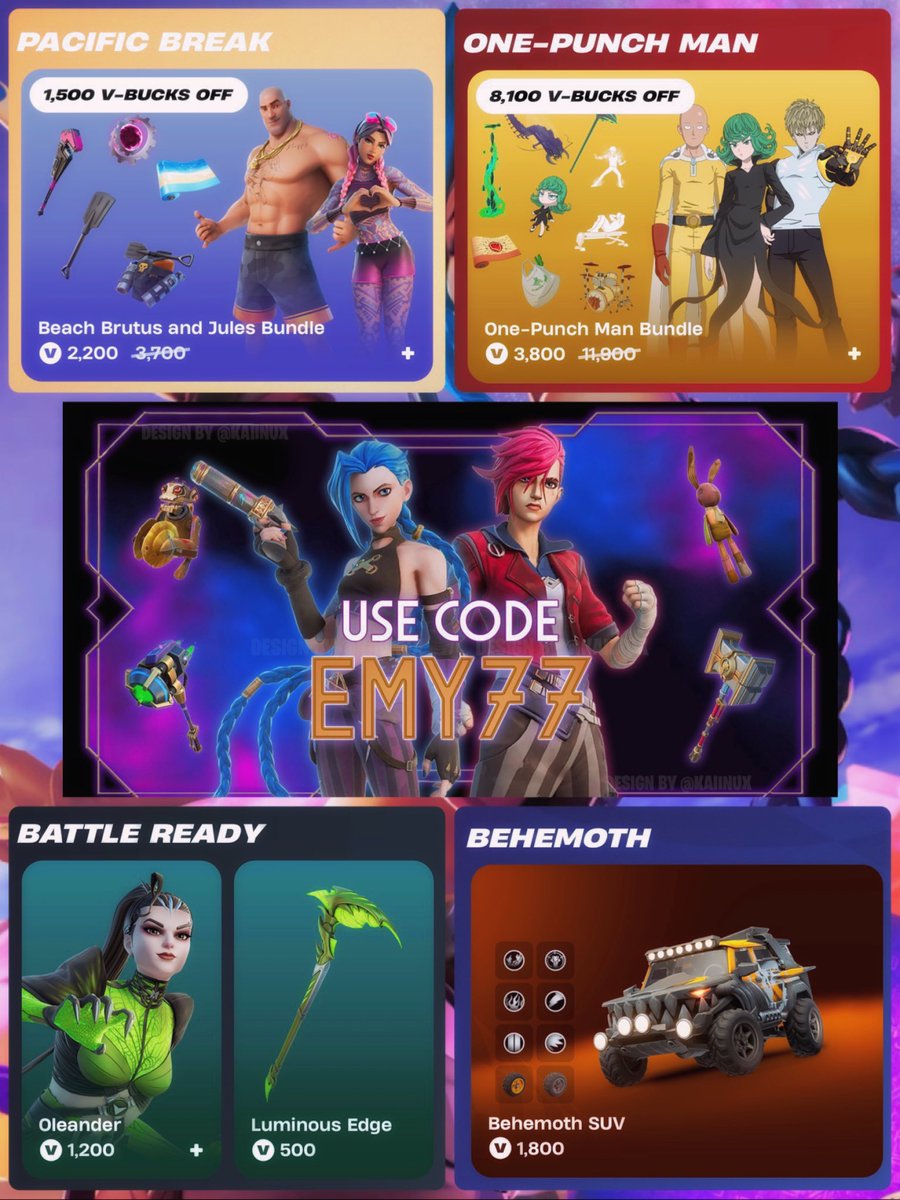 🛍️ Shop Today 👊

🌊 Beach Brutus &amp; Jules Bundle ✨

🥊 One-Punch Man Bundle💥

🛞Behemoth SUV 🚗💨

Consider using Code EMY77 🙈 if you’d like to support me 🫶🏻💗
#ad #EpicPartner #Fortnite