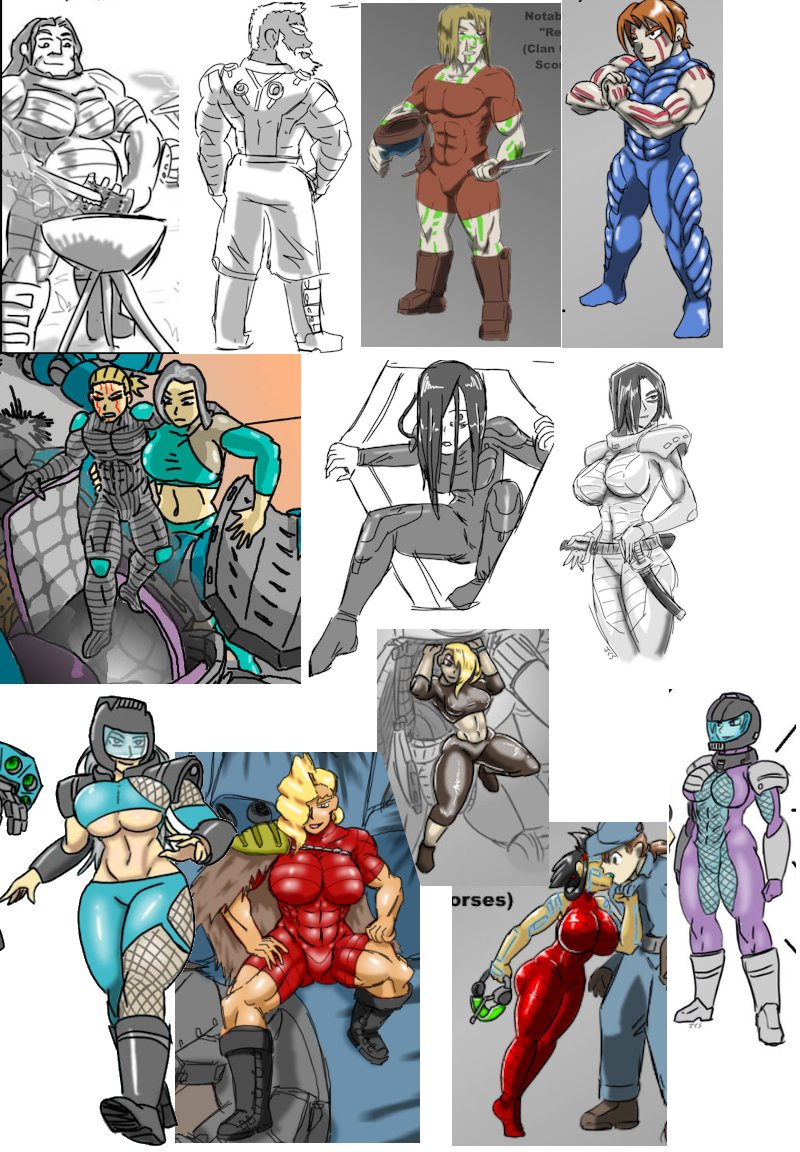 just a quick collection of the mechwarriors ive drawn through these years

-left-inner sphere
-right-clans

the way i do cooling suits can range from literal tube like vests and shorts, all the way to full body skin tight advanced cooling suits