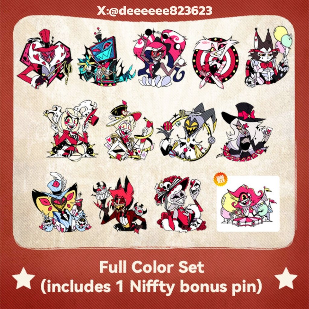 Did I mention this purchase? All in all! If you buy all the pin, then you get a Niffty!
#HazbinHotelfanart #HazbinHotelVox #HazbinHotelValentino #hazbinhotelvelvette #HazbinHotelLucifer #HazbinHotelAlastor #HazbinHotelAdam #Husk #angeldust #rosie #CharlieMorningstar #vaggie