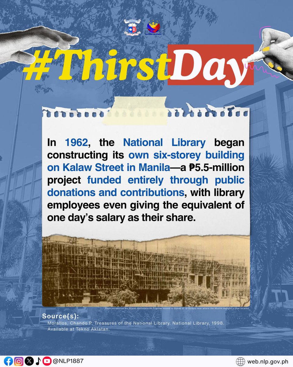 𝑫𝒊𝒅 𝒚𝒐𝒖 𝒌𝒏𝒐𝒘? 📚✨
The Jose Rizal National Centennial Commission helped shape the vision for today’s NLP building.

Explore JRNCC publications and Rizal’s works:
🔗 nlpdl.nlp.gov.ph/ED10/home.htm
🔗 nlpdl.nlp.gov.ph/RI01/home.htm

#ThirstDay #NationalLibraryPH