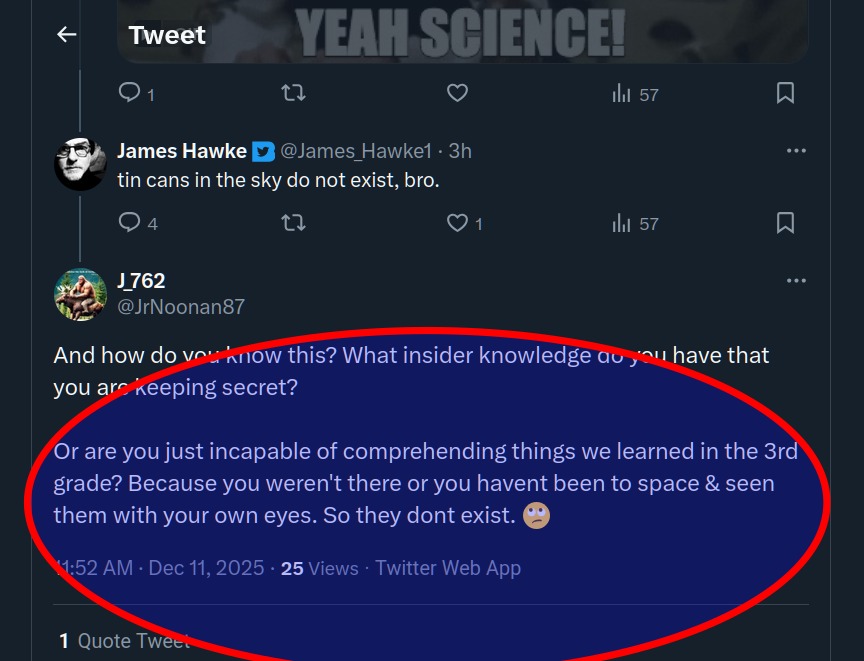 James_Hawke1's tweet photo. How "They" Operate:
⦁ emphasis on "things we learned" (as if true)
⦁ "we" invokes the collective (consensus)
⦁ "outer space" (concept) is presumed as real
⦁ non experienced asserted ideas are expected to be taken on faith
#matrix #AgentSmithEffect https://t.co/q5ZbhQXxvy