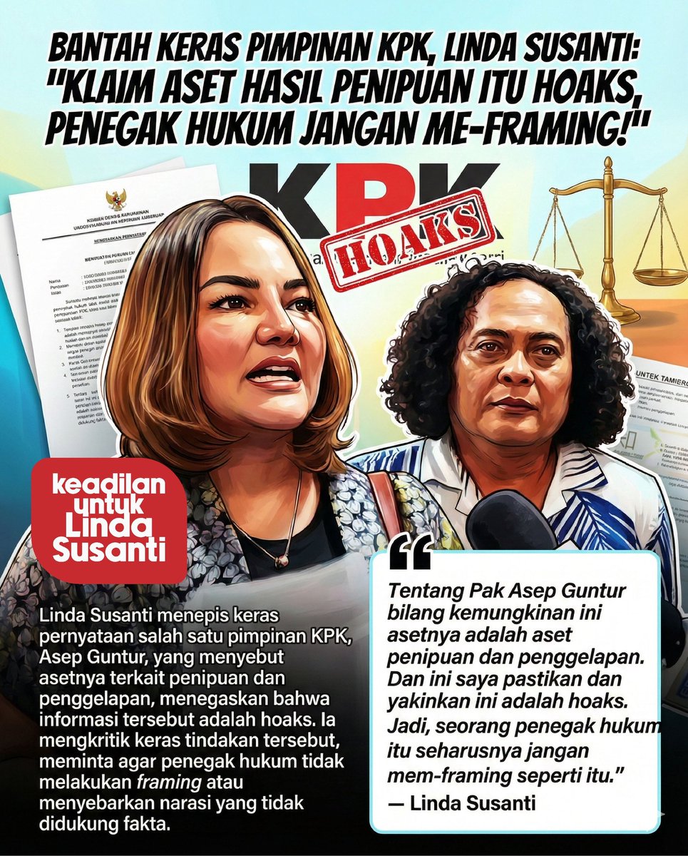 Siapa pun yang menyalahgunakan kekuasaan harus ditindak. Bila terbukti ada intimidasi dalam kasus aset Linda, pimpinan KPK harus segera Pecat Oknum KPK yang arogan. #DukungHakLinda