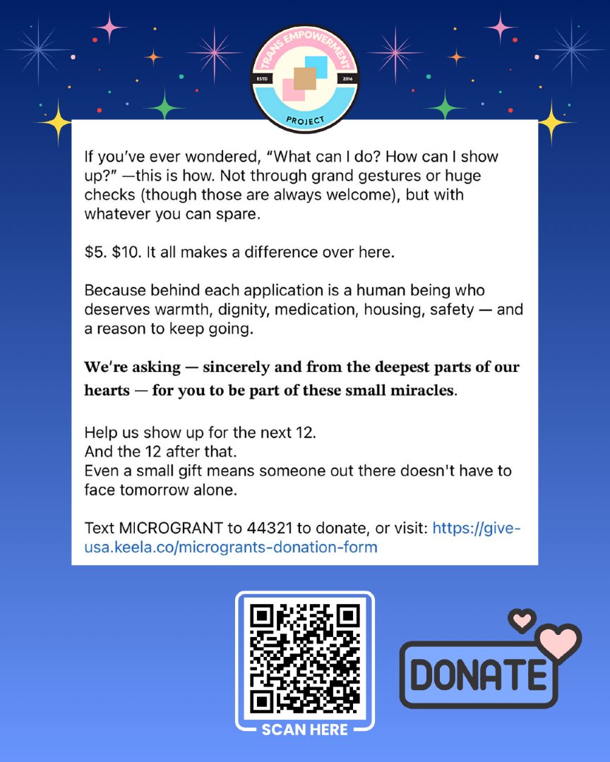 587 people applied for emergency help in 6 hours. We could only fund 12. The need is enormous.

If you want to help trans people stay warm, fed, housed, and safe, this is the moment.

Share. Donate. Boost. Be part of these small miracles. 💛 
f.mtr.cool/rqnhkkzbas