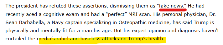Trump 대통령 건강에 대한 악의적 fake news 를 계속 보도한 NYT 기자 두사람이 조사 받고 있다고 함 (체포 영장)

원고 없이 한 시간 두 시간 연설하는 대통령에게 기억력 상실 운운 (점잖은 표현이고 실제로는 알츠하이머 어쩌구 등)

한두번이 아니라 허위 기사 시리즈

아시다시피 NYT 는 미국