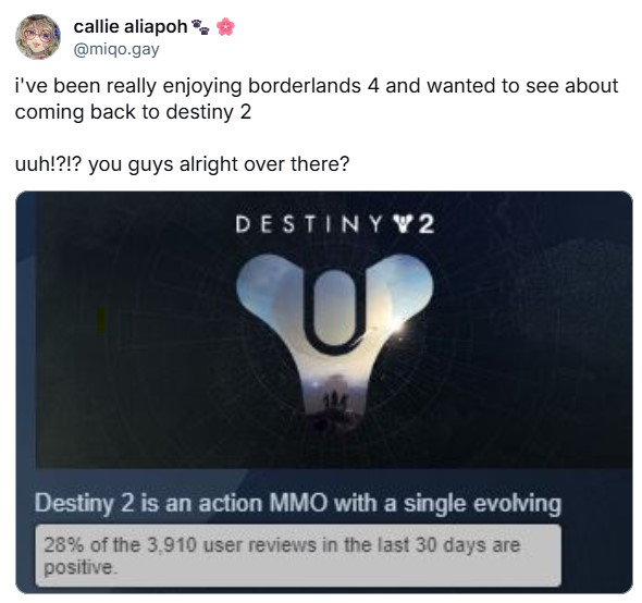 Slowly climbing back since the worst days of the Edge of Fate... (now at 49% positive)