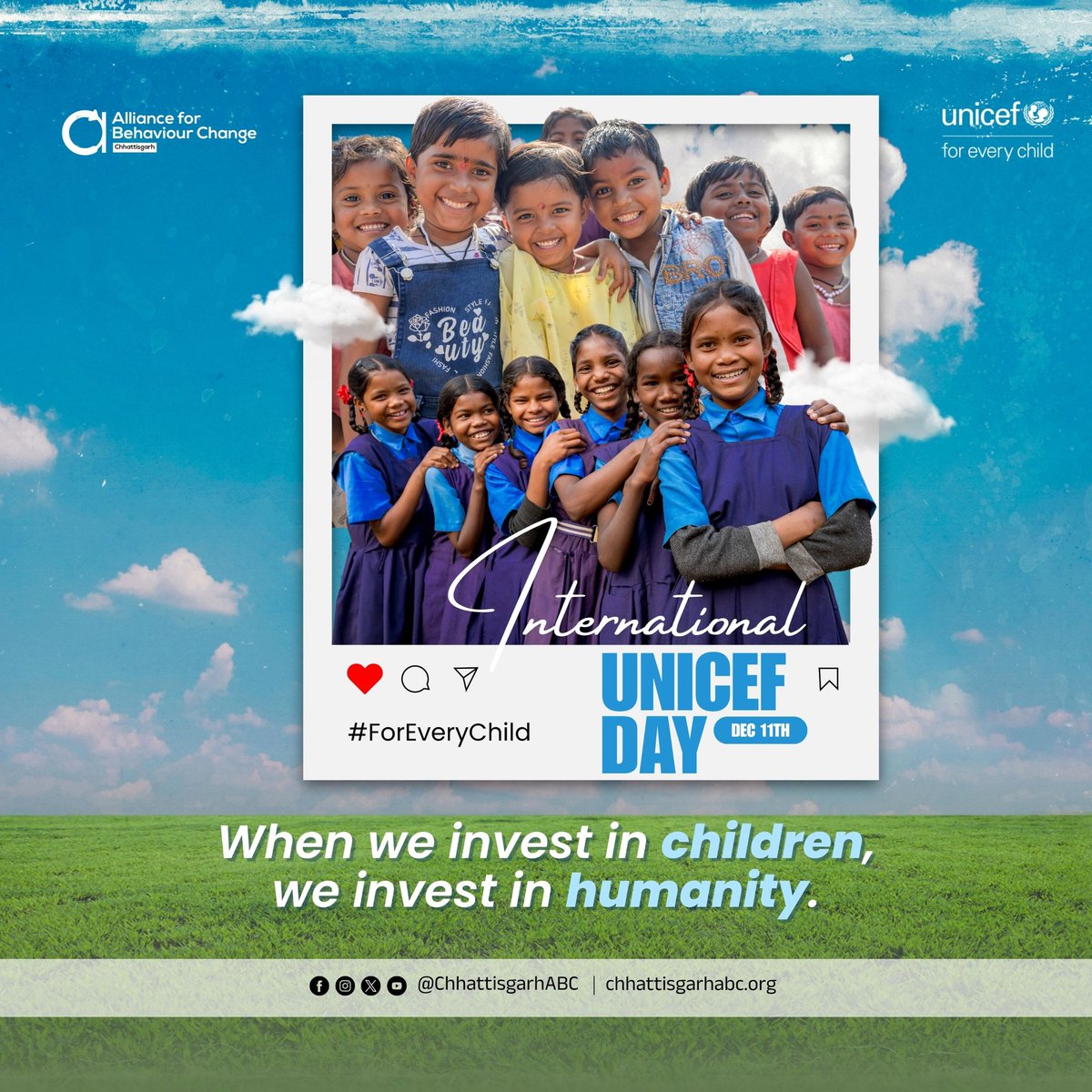 ChhattisgarhABC's tweet image. When we invest in children, we invest in humanity.

On UNICEF Day, we renew our commitment to ensuring every child in Chhattisgarh grows with protection, nutrition, learning and love.

A stronger tomorrow begins with the choices we make for our children today.

#UNICEFDay…