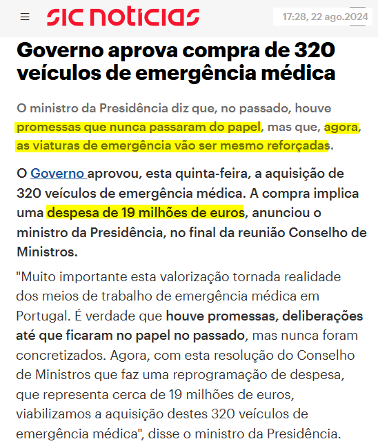 A prática e o discurso.

O Estado GASTOU 19 milhões de euros na compra de 320 ambulâncias novas. Agora vai entregá-las a privados que vão cobrar por algo que os Contribuintes já pagaram. O país a saque em direto.