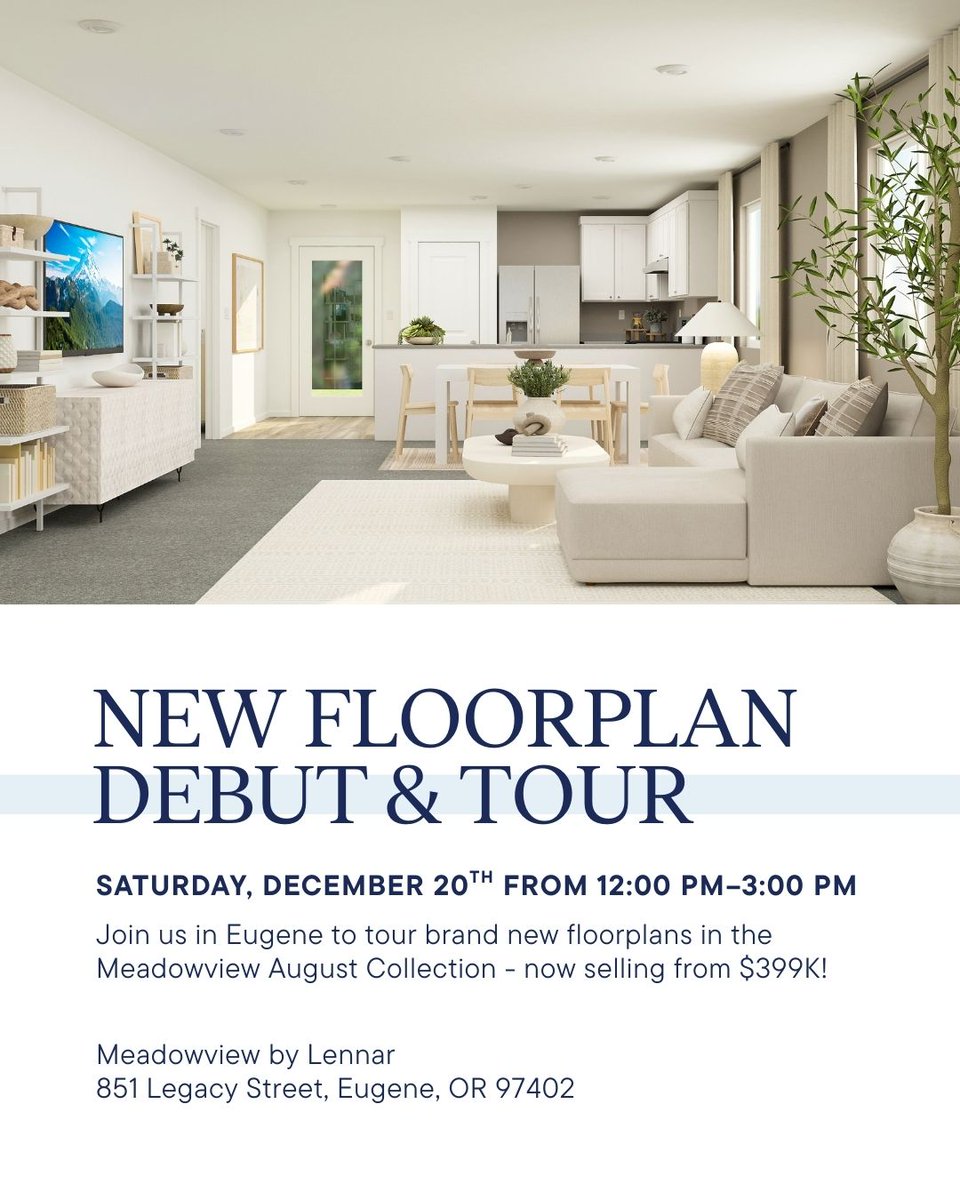 LennarPortland's tweet photo. Join us in Eugene to tour the brand-new floorplans in the Meadowview August Collection — now selling from $399K! 🎉
Enjoy sweet treats as you tour the newest designs and experience the open layouts and thoughtful details. 🏡

RSVP: https://t.co/92KMZ3SC5T https://t.co/gFXvuitCT3