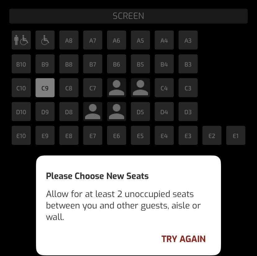 Hi <a href="/cineworld/">Cineworld</a> can you explain how seat allocation works , I can select one next to other people but not many seats away, despite the message . C7 is fine but c9 isn’t ??