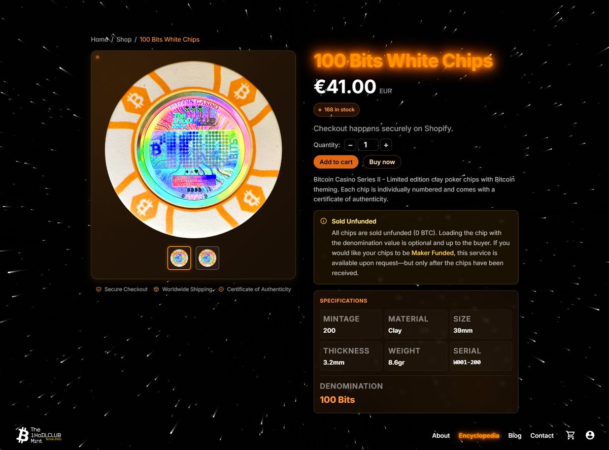 MrCryptHODL's tweet photo. 3 hours in, the first drop of the #Bitcoin Casino Series II is officially live on the 200-Mint, and we’re already down to 168 chips remaining ⚡️

Thank you all for the incredible support.🙏
Tomorrow I begin the shipment preparation phase, with the first orders expected to go out Saturday.

I’ll also review all out of website orders and update remaining stock accordingly, so if you're aiming to secure your 100 Bits or 150 Bits from this first release… don’t miss your window.

Once they’re gone, they’re gone, only 200 pieces exist per denomination.🐸

🟧Shop here: https://t.co/yQU1kNL5Gu

#BTC #Collectibles