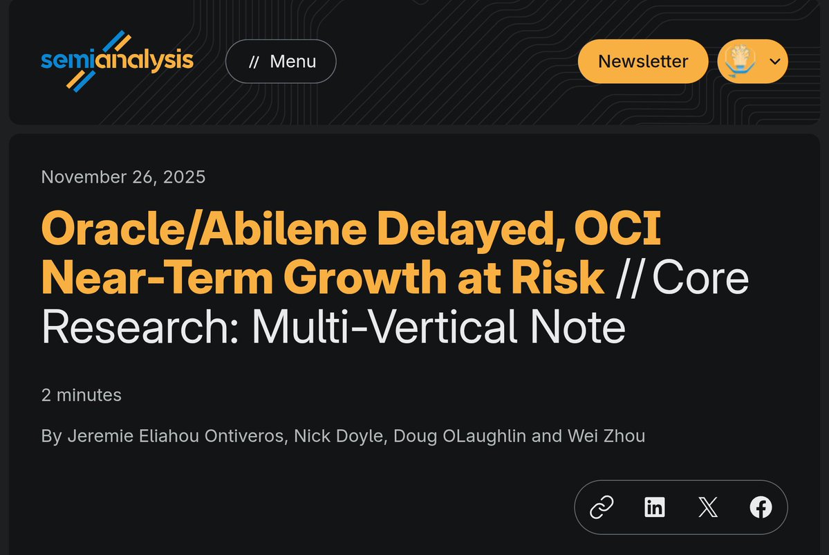 우리 팀은 완전히 미쳤어
제레미, 닉, 더그, 웨이는 2주 전에 오픈AI의 아벨린 텍사스 스타게이트 프로젝트 지연에 대한 멋진 글을 발표했습니다.
오늘 ORCL 주가가 -11.5% 하락할 것이라고 예측했습니다.