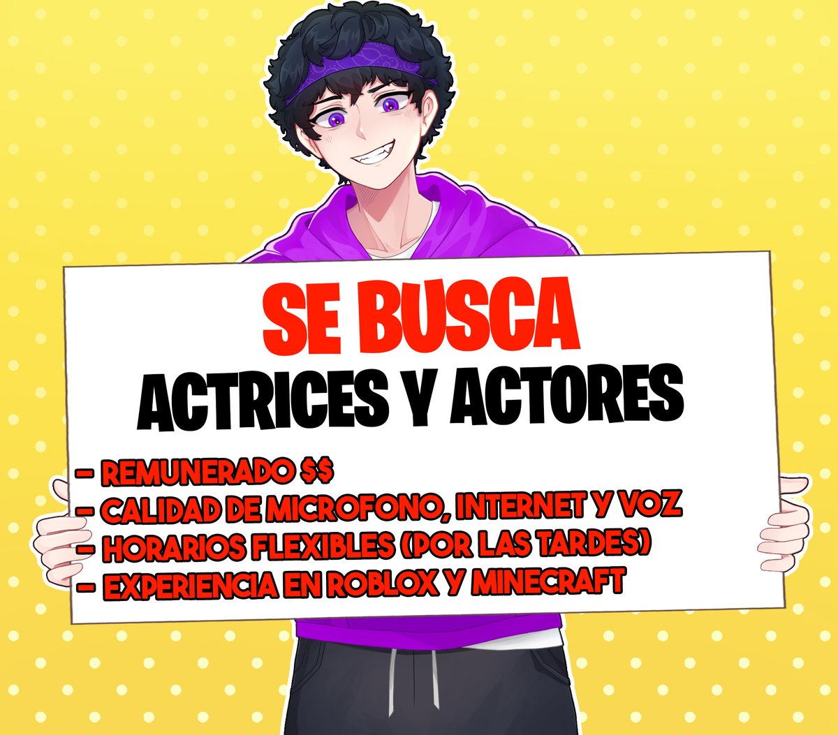 Estoy buscando ACTORES de VOZ para un Proyecto  BUEN PAGO!! 💰💸
Requisitos: 
- Experiencia Roleando 
- Buen Microfono 
- Personalidad Divertida
envien dm o respondan aqui! 😊