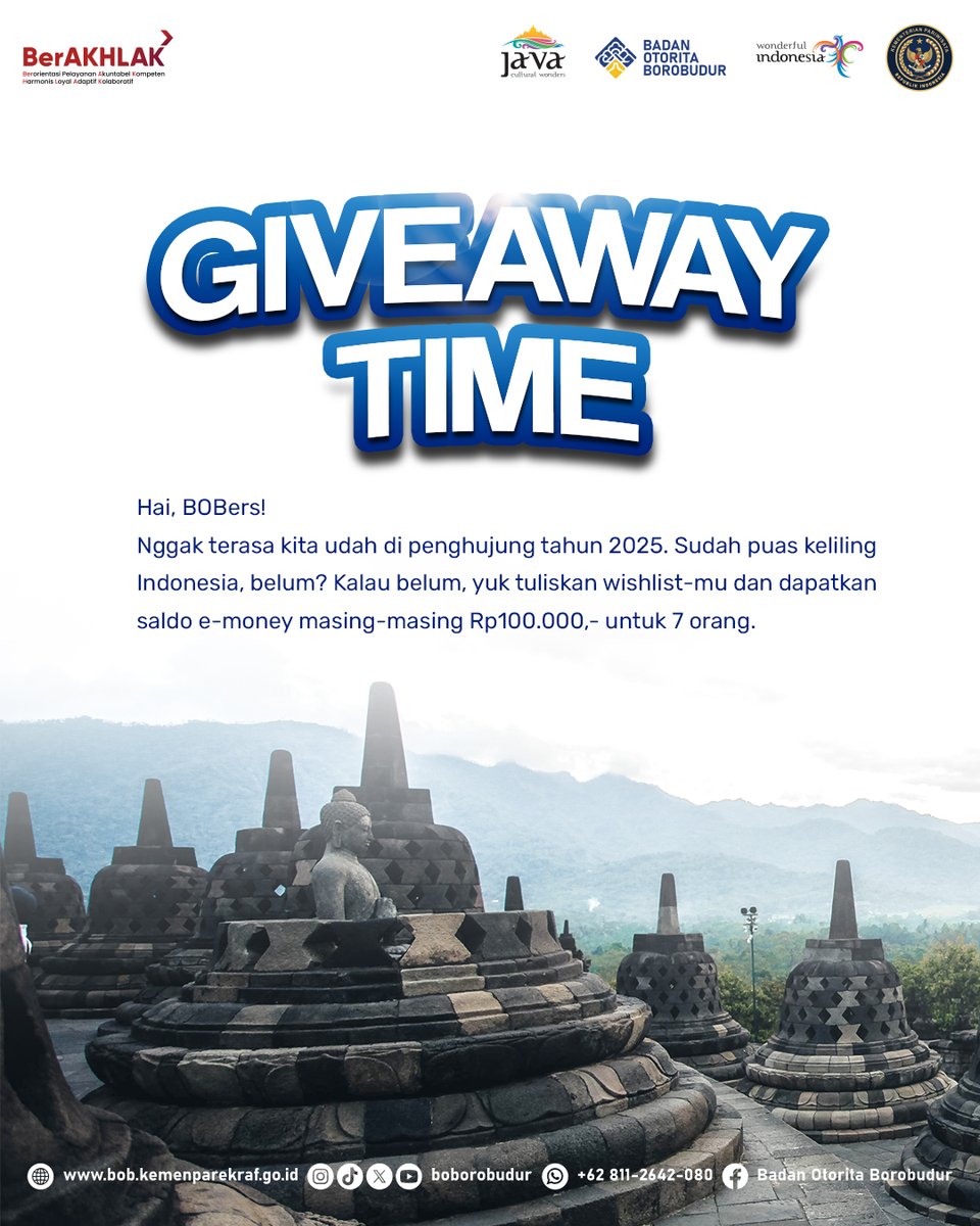 BOBorobudur's tweet image. Giveaway Time!

Hai, BOBers!
Nggak terasa kita udah di penghujung tahun 2025. Sudah puas keliling Indonesia, belum? Kalau belum, yuk tuliskan wishlist-mu dan dapatkan saldo e-money masing-masing Rp100.000,- untuk 7 orang.

#Giveaway 
#WonderfulIndonesia
#DiIndonesiaAja