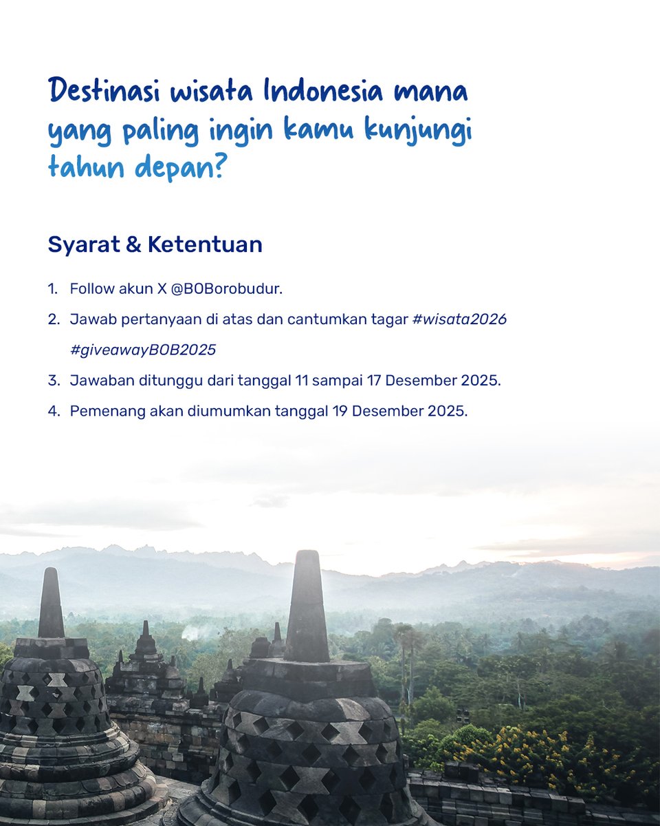 BOBorobudur's tweet image. Giveaway Time!

Hai, BOBers!
Nggak terasa kita udah di penghujung tahun 2025. Sudah puas keliling Indonesia, belum? Kalau belum, yuk tuliskan wishlist-mu dan dapatkan saldo e-money masing-masing Rp100.000,- untuk 7 orang.

#Giveaway 
#WonderfulIndonesia
#DiIndonesiaAja