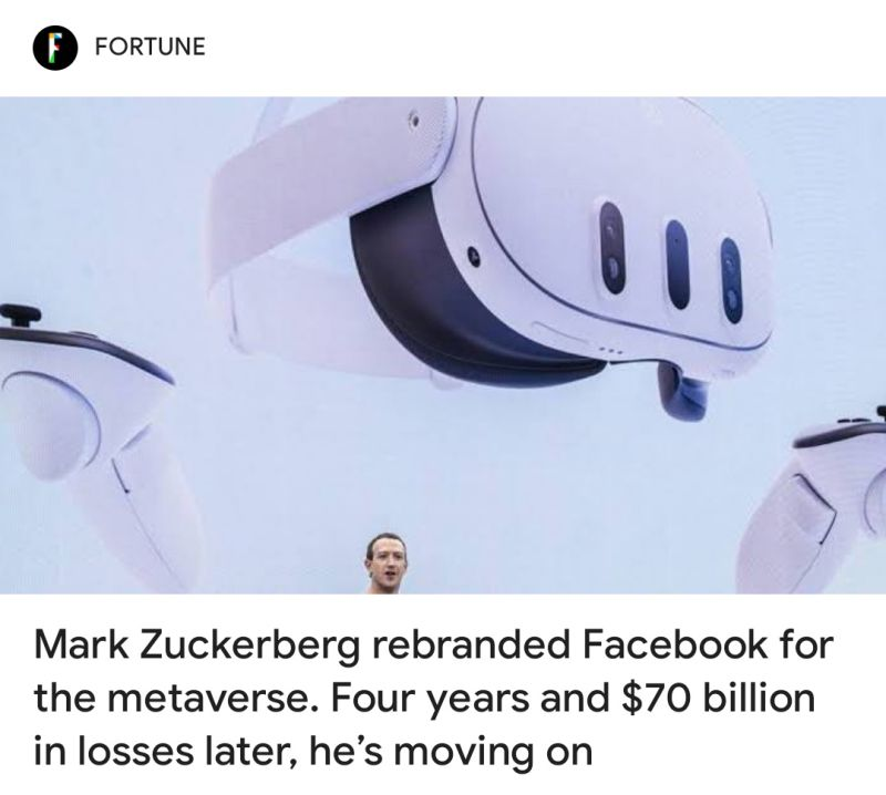 The metaverse died because the VR/AR goggles were too big for anyone to wear. Look how tiny Zuck's head is in comparison.