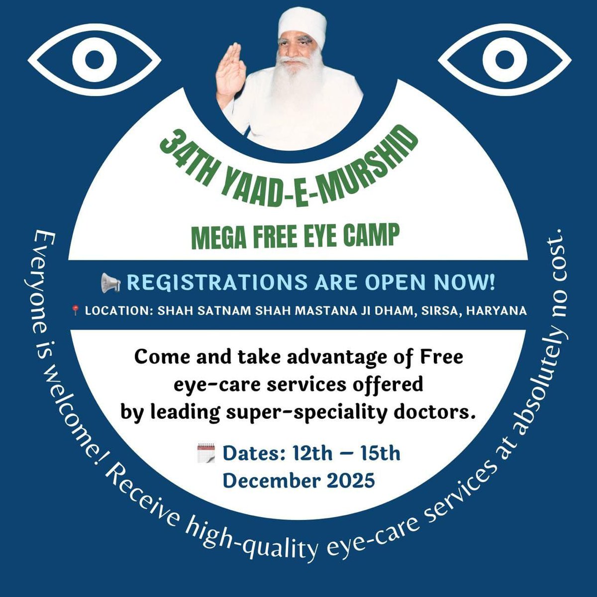 TaniaMehra20's tweet photo. A mega #FreeEyeCamp is organized by Dera Sacha Sauda from 12 to 15th December. One should cure their eye issue free of cost.
With the pious guidance of Saint Gurmeet Ram Rahim Ji 
Registration are started already. 
#EyeCare
#EyeCheckup https://t.co/ccpw5TvW0u