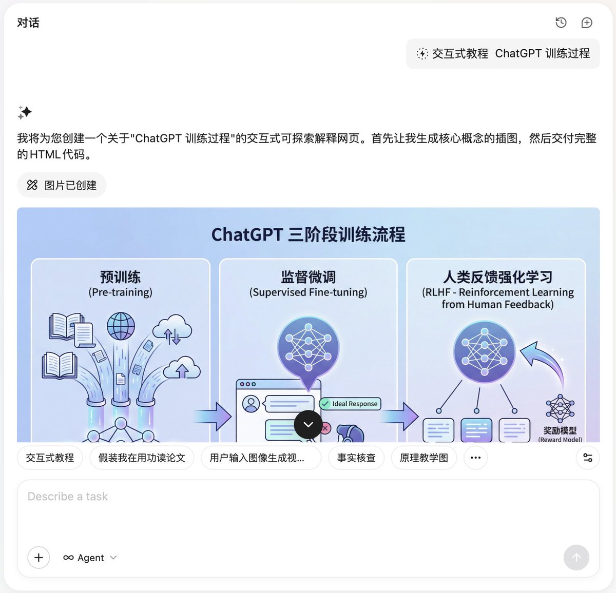 Youmind를 사용하여 ChatGPT 학습 과정을 설명하는 인터랙티브 시각화 튜토리얼을 만들었습니다. 명령어를 입력하면 자동으로 Nano Banana Pro가 호출되어 그래프가 그려지고, 인터랙티브 HTML이 프로