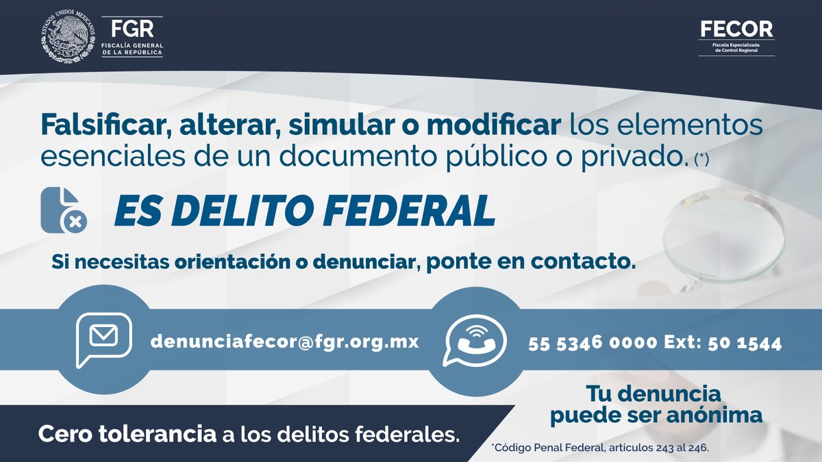 Si necesitas orientación o denunciar, ponte en contacto.

Tu denuncia puede ser anónima.

Cero tolerancia a los Delitos Federales.
#FiscalíaFederalBajaCaliforniaSur
