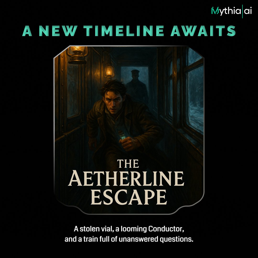 MythiaGame's tweet photo. 🛤️ 𝗧𝗵𝗲 𝗔𝗲𝘁𝗵𝗲𝗿𝗹𝗶𝗻𝗲 𝗘𝘀𝗰𝗮𝗽𝗲

🚆 The Aetherline runs its midnight route, a train older than anyone remembers.  

✨ You stole a vial of star-salt—luminous fuel the crew swears is the dawn itself ground down to dust.  

👁️ The Conductor has discovered you, and he marks you for judgement with a silent gesture.  

⚠️ You know beyond any doubt: you're no longer welcome on this ride.

🎮 𝗣𝗹𝗮𝘆 𝗻𝗼𝘄:  
𝗶𝗢𝗦: https://t.co/9m7vsM4kIm  
𝗔𝗻𝗱𝗿𝗼𝗶𝗱: https://t.co/OYYi2VBnCJ  

👉 𝗝𝗼𝗶𝗻 𝘂𝘀 𝗼𝗻 𝗗𝗶𝘀𝗰𝗼𝗿𝗱: https://t.co/k6RMrfpSIg

#Mythia #InteractiveStory #ChooseYourAdventure #IndieDev #WritersCommunity #FantasyBooks #SciFiBooks #IndieAuthor #ReadingCommunity