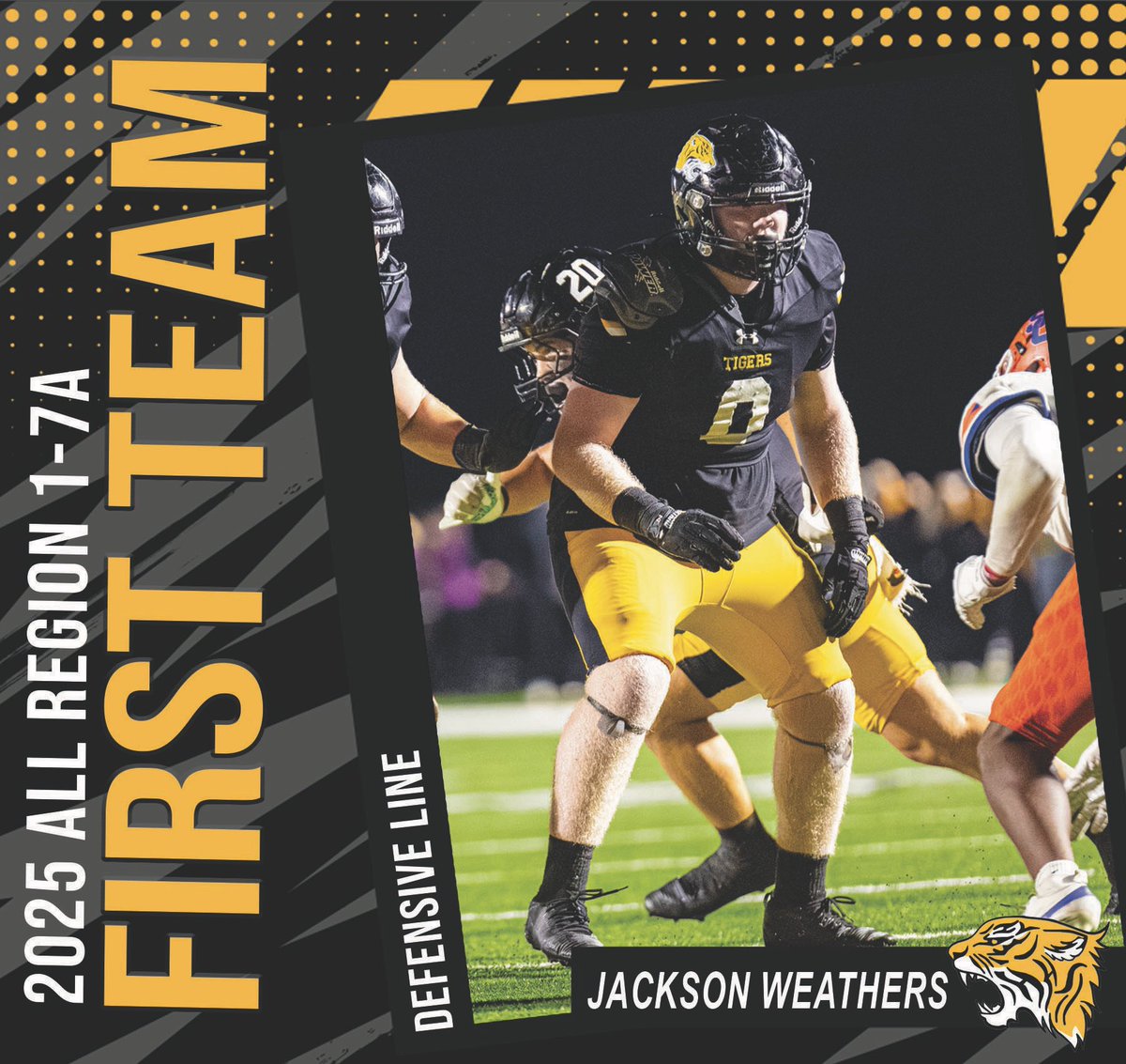 HHS_TigersFB's tweet image. Congratulations to the following Tigers for being named to the 2025 Region 1-7A First Team! 🏈🐅

Joseph Newberry
Shawn Scott
Jackson Weathers
Kaleb Hickman
Noah Elam
Asher Lawson
Cooper Lankford
Jakson Holliman
Jordan Van Every
 
#StandOnBusiness
