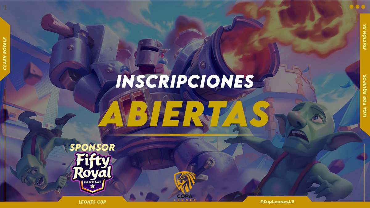 CupLeonesLE's tweet image. #ClashRoyale   

Abrimos Inscripciones 
Edición 36!!!  

Requisitos: 
*Seguirnos 
*Seguir a:
@pedrodanielvega
@Fifty_Royal 

Dar RT y Fav 
Etiquetar a 3 Equipos!!!

Premio: 20usd

Link: discord.gg/dbVMEEfH