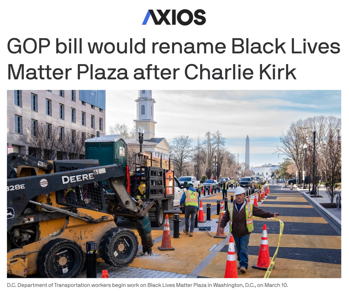 They're not even bothering to hide their racism anymore. They could pick any number of DC streets but they chose the former Black Lives Matter Plaza to name after a shameless racist?

It's a big FU to DC in general &amp; the Black community specifically. dub.sh/CharlieKirkDC
