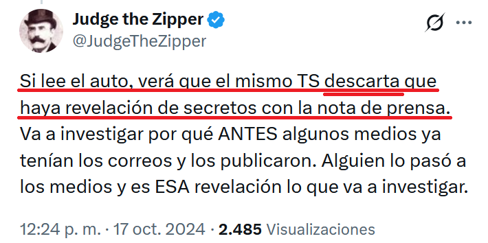 "Si lee el auto, verá que el mismo Tribunal Supremo descarta que haya revelación de secretos con la nota de prensa" (17/10/2024)

Qué vergüenza da todo esto.