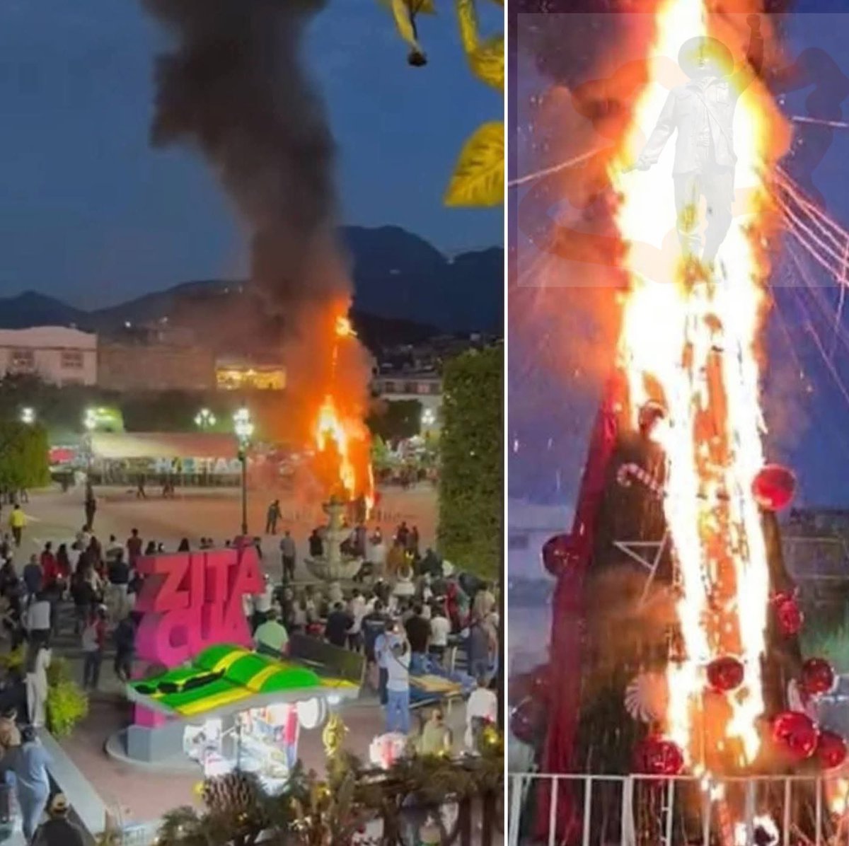 DronesMichoacan's tweet image. Se levanta Zitácuaro Michoacán contra la policia municipal por el asesinato de la joven Ángeles a manos de un comandante enretén ilegal. Así arde en estos momentos el árbol de navidad en la plaza principal en exigencia de justicia. 
Fuente y foto : Dirigentes Michoacán Facebook