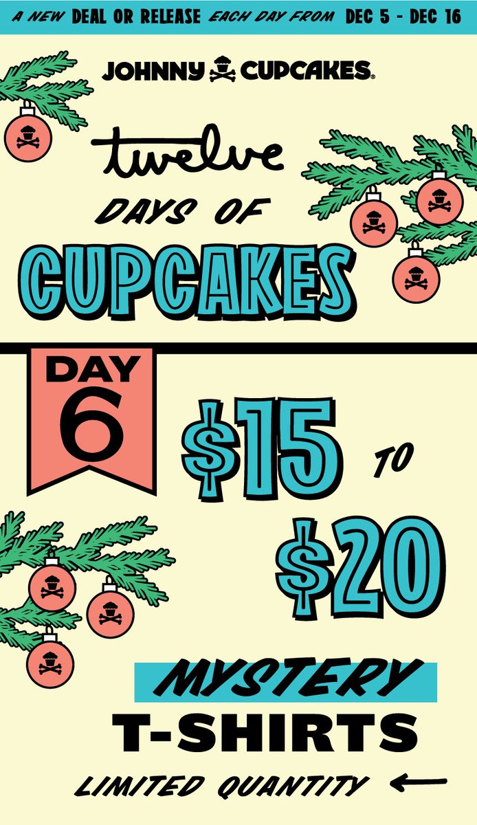 JohnnyCupcakes's tweet photo. Today’s special for our 12 Days of Cupcakes: mystery T-shirts $15-$20 no code needed: https://t.co/P4j6UWNswm

Side note: The cutoff day for domestic customers to receive their orders by Christmas is going to be Wednesday 12/17. https://t.co/txntTxd3bf