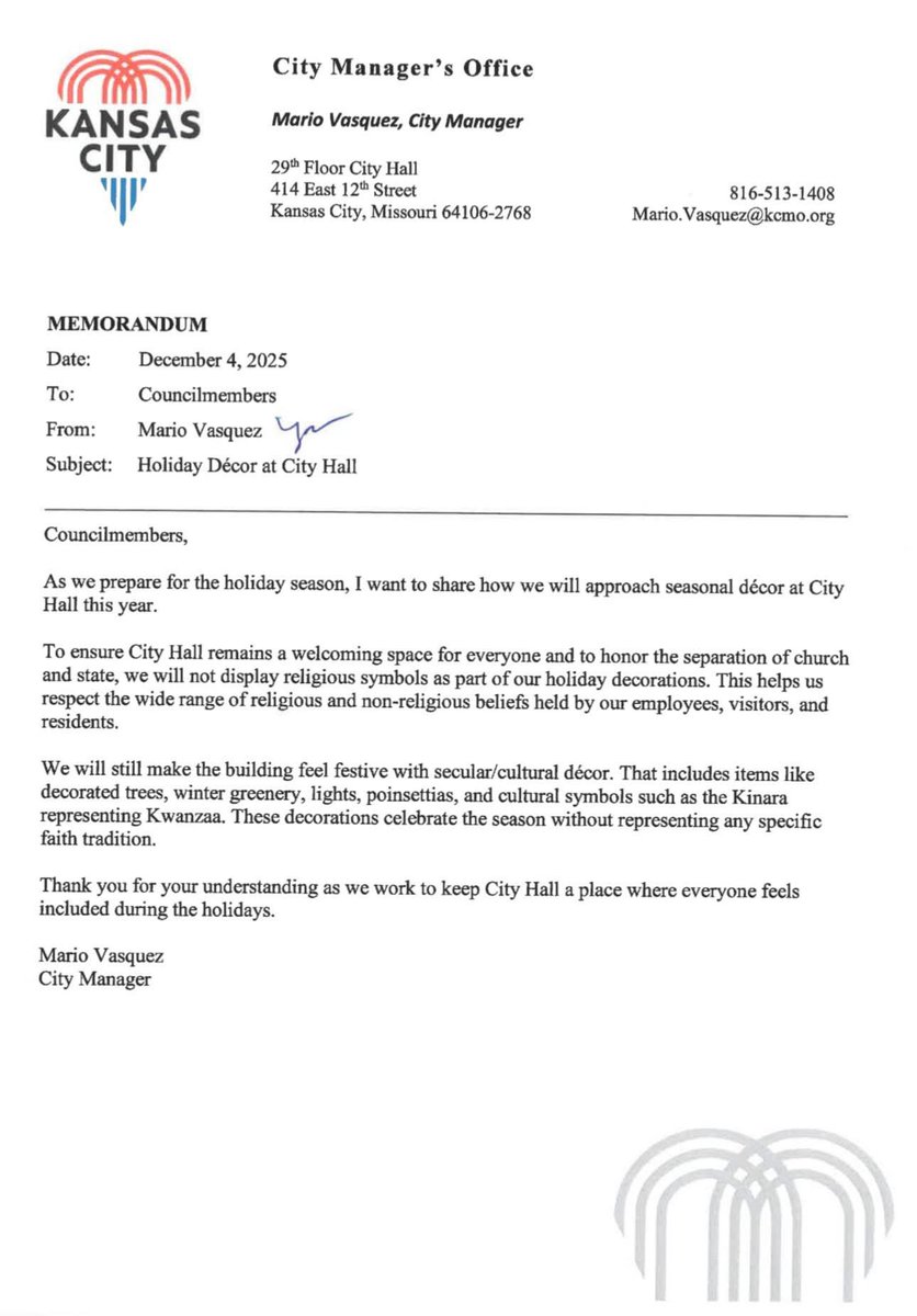 AGCHanaway's tweet image. A Grinch-like memo to expressly EXCLUDE Christian and Jewish celebrations, and passing it off as inclusivity.

Many Missourians are proud to display their religious symbols. I am saddened to see our faith communities discouraged from celebrating because of ‘inclusivity’.