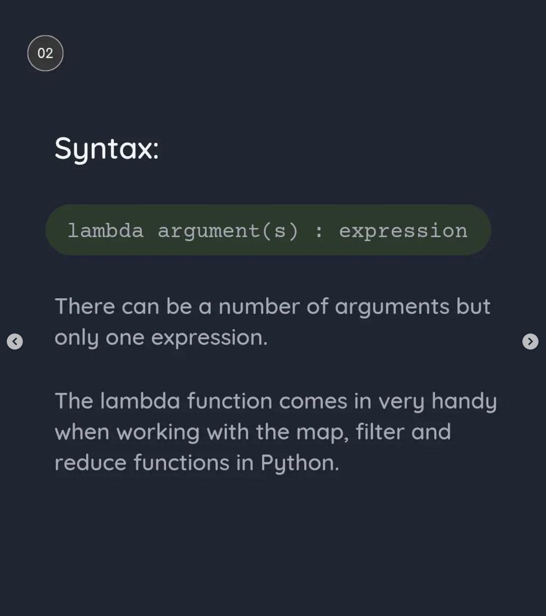 Python_Dv's tweet image. Python Lambda Function: Quick Guide.

Lambda function is very powerful feature in python and it comes very handy when you are working with filter, map and reduce.

In this post I shared some examples of lambda function for your better understanding.