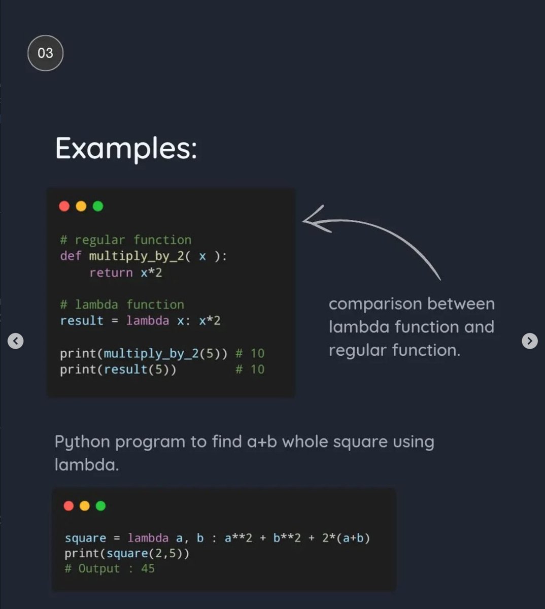 Python_Dv's tweet image. Python Lambda Function: Quick Guide.

Lambda function is very powerful feature in python and it comes very handy when you are working with filter, map and reduce.

In this post I shared some examples of lambda function for your better understanding.