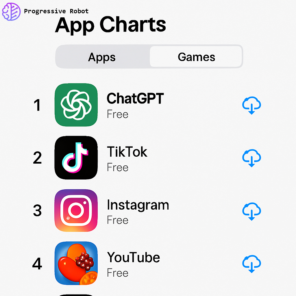 ProgresiveRobot's tweet image. In 2025, OpenAI&apos;s ChatGPT was the most downloaded app in the US, surpassing social networking giants and essential utilities like Google Maps. This underscores the significant impact of AI in people&apos;s daily lives. Other top apps included Threads, TikTok, and Google.
#AI #Apps