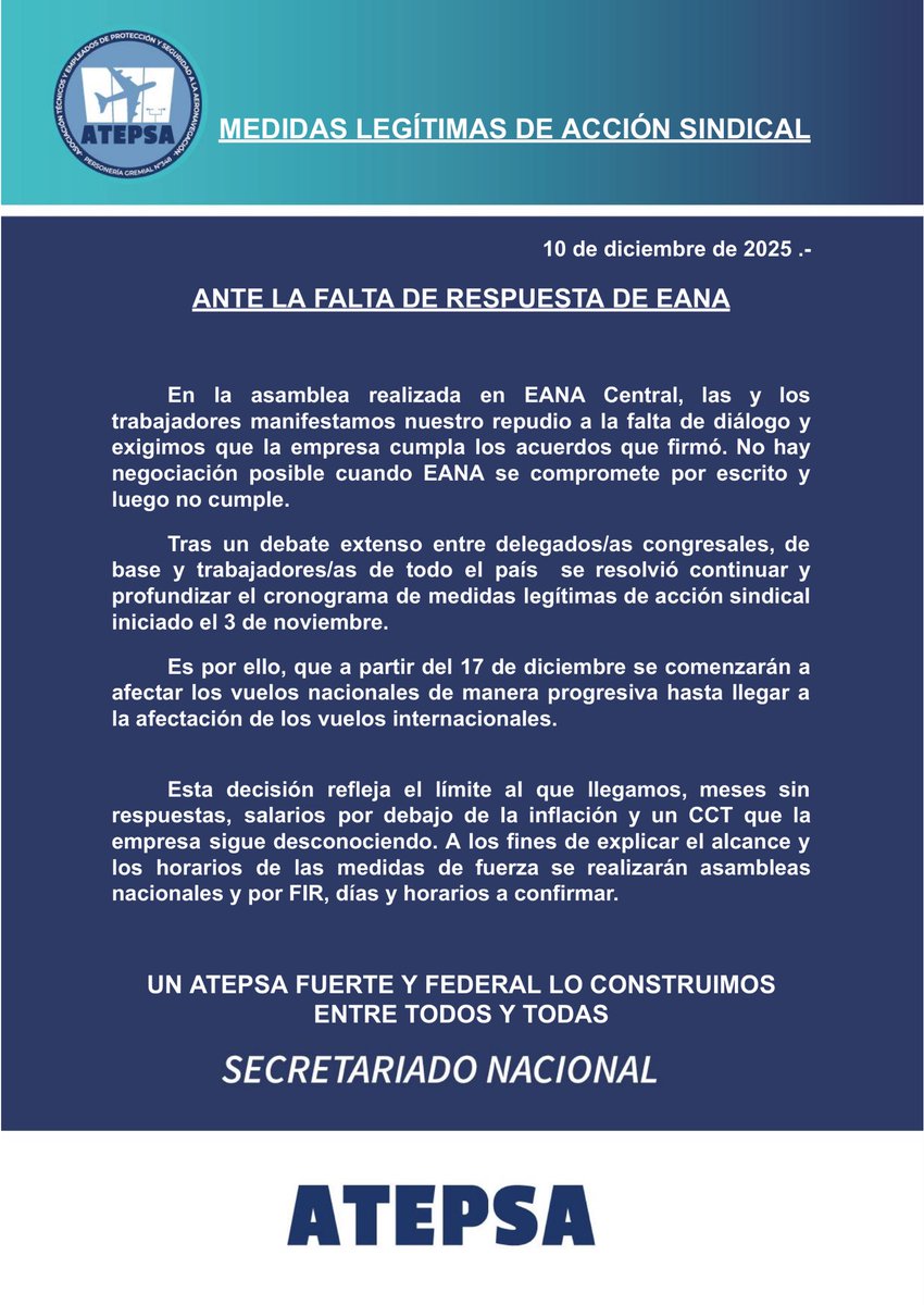 MEDIDAS LEGÍTIMAS DE ACCIÓN SINDICAL.
Ante la falta de respuestas de EANA, continuamos y profundizamos las medidas legítimas de acción sindical.

En la asamblea realizada en EANA Central, las y los trabajadores expresamos nuestro repudio a la ausencia de diálogo y al